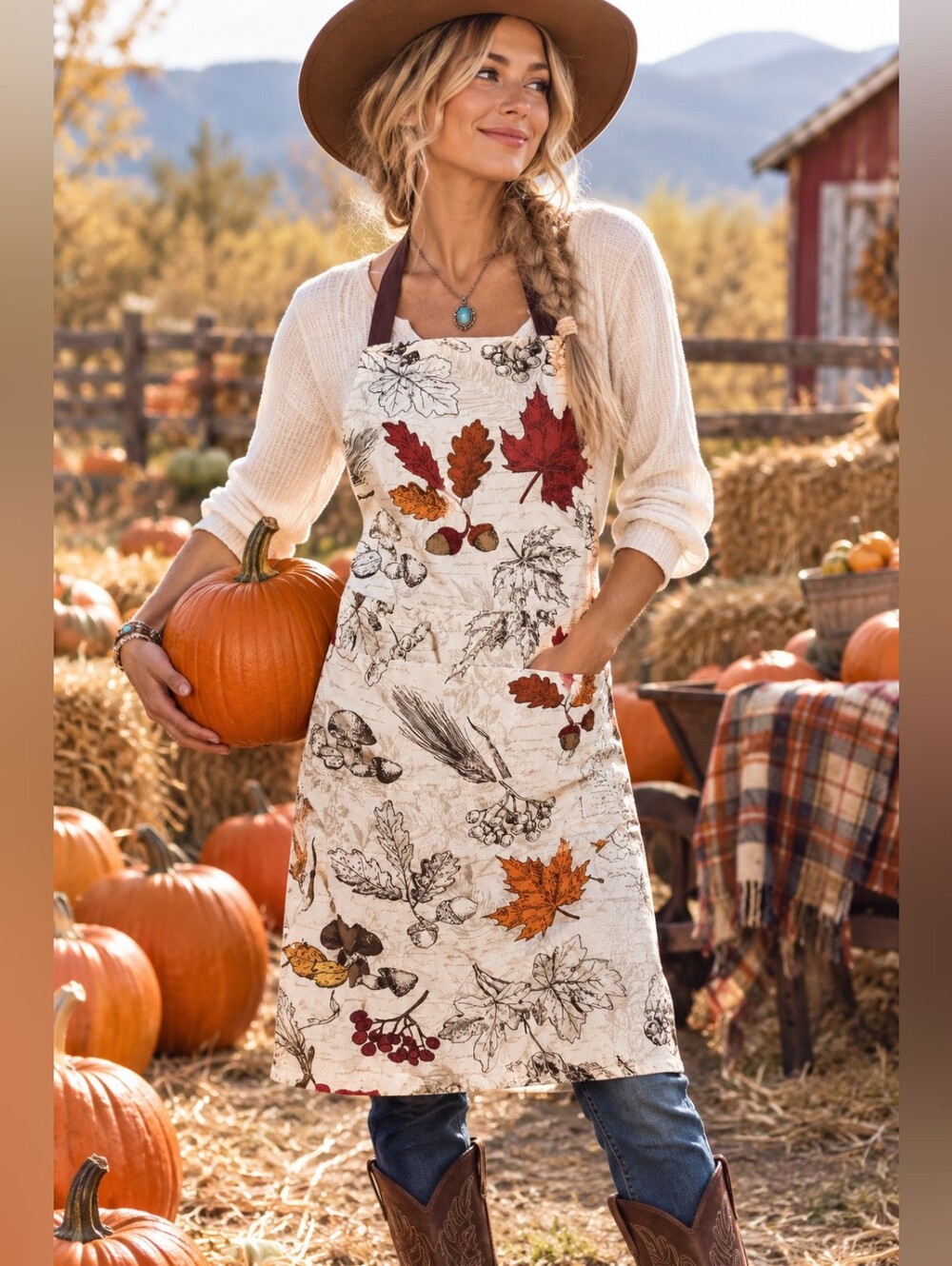 Handmade Apron Fall Botanical Mushroom Fall Leaves Nuts Cotton Canvas Full Bib